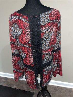 Red, Black and Light Blue Abstract Animal Print Long Sleeve Top